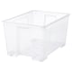 A clear plastic storage box, SAMLA, designed for heavy items with wheels for easy mobility. Its transparent for easy visibility.