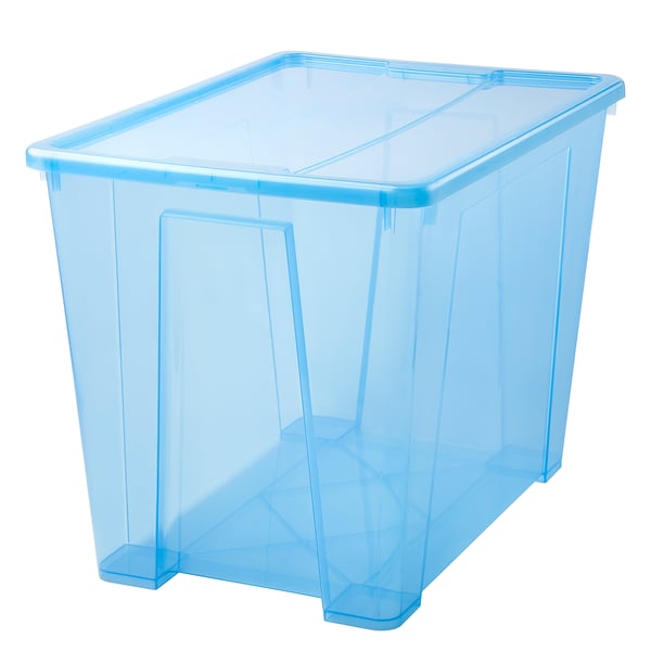 A blue transparent plastic storage box with a snap-on lid, designed for organising items securely.