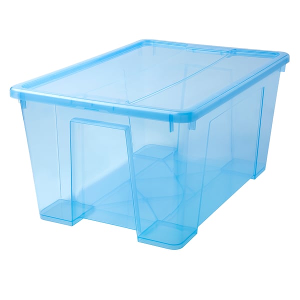 Clear blue plastic storage box with secure lid, visible, stackable, fits SAMLA series.