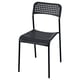 Black plastic and steel chair with dotted back and seat, designed for stacking.