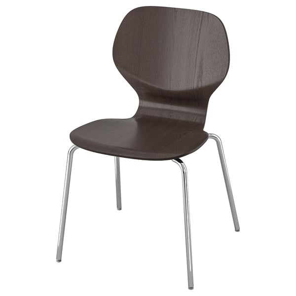 SIGTRYGG chair: black wood, chrome legs, curved back, stackable design.