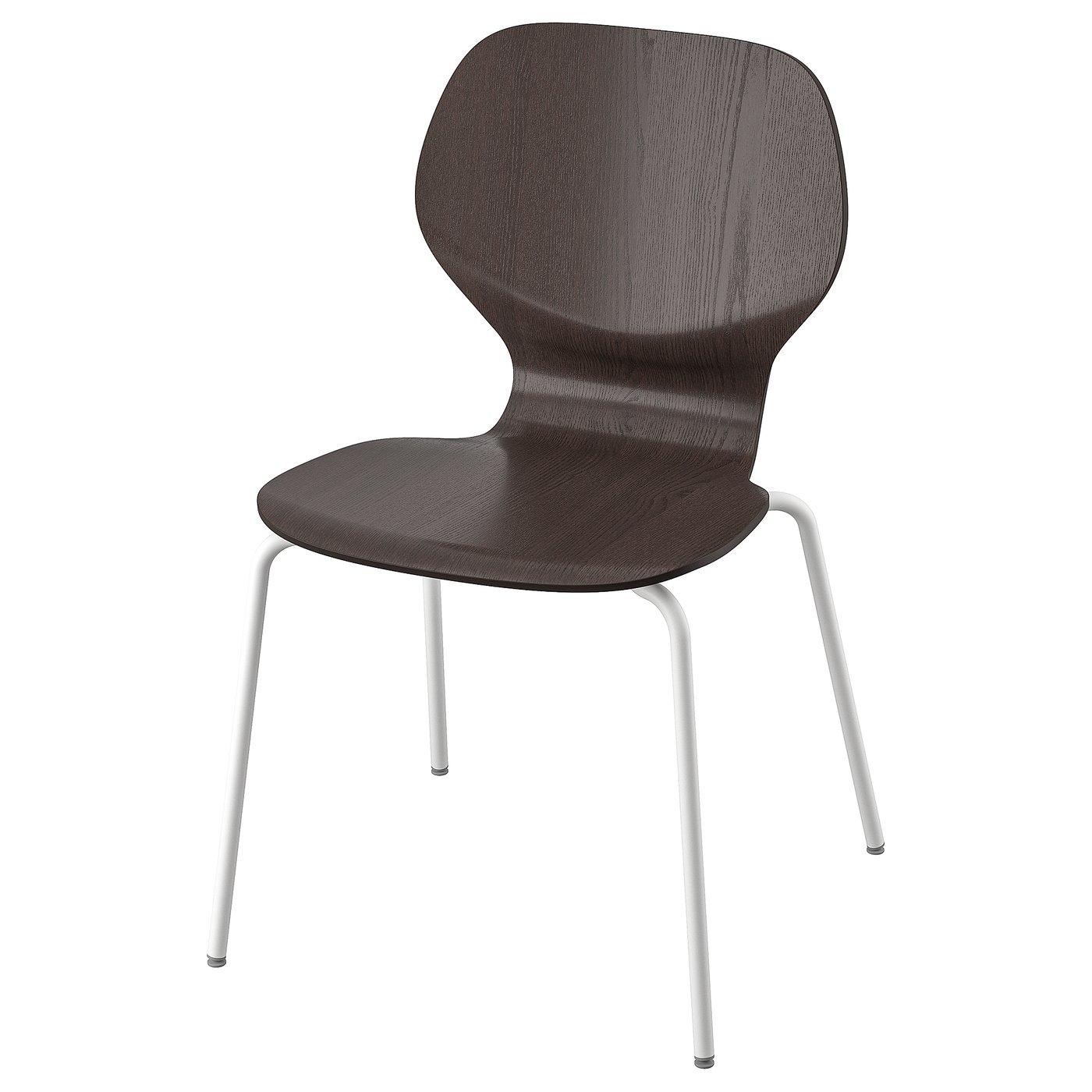 Modern SIGTRYGG chair with dark wood, white metal legs, curved back for comfort.