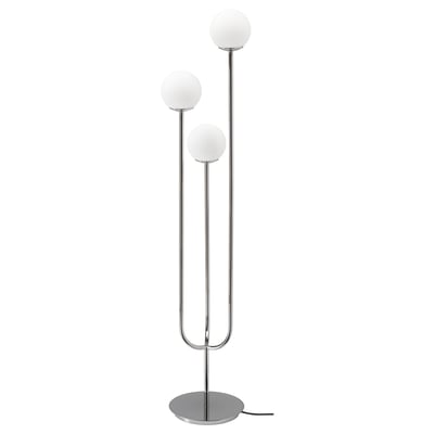 SIMRISHAMN floor lamp, silver, three white glass globes on chrome stand.