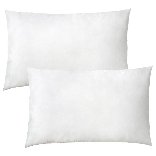 Two white, rectangular pillows with smooth, plump surfaces and simple designs, made of recycled polyester.