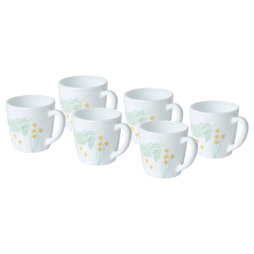 Six white mugs, floral design in pastel hues, arranged together. Lightweight, durable tempered glass.