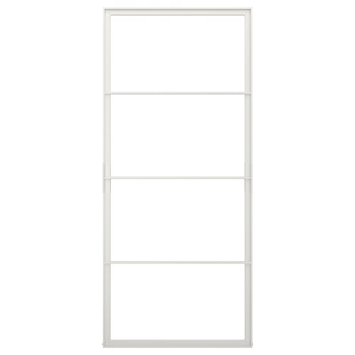 This image a white SKYTTA sliding door frame made of aluminium with a sleek, modern design suitable for storage or room division.