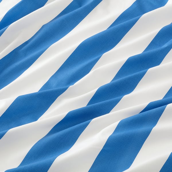 Striped blue and white sheets, soft cotton blend, neatly folded.