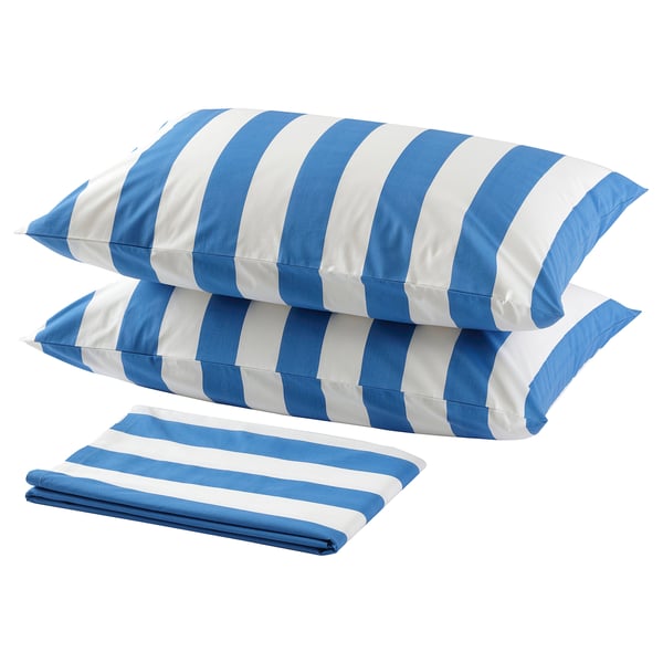 Blue & white striped bedding set. Includes flat sheet, fitted sheet, and two pillowcases. Material: cotton & viscose.