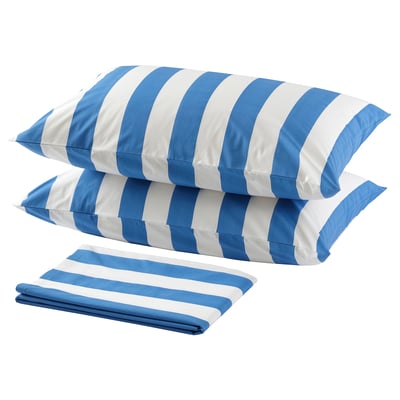 Blue & white striped bedding set. Includes flat sheet, fitted sheet, and two pillowcases. Material: cotton & viscose.