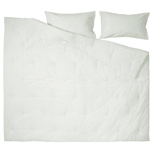 SOLFIBBLA bedding set, light green stripes on white. Soft cotton comforter, includes matching pillows.