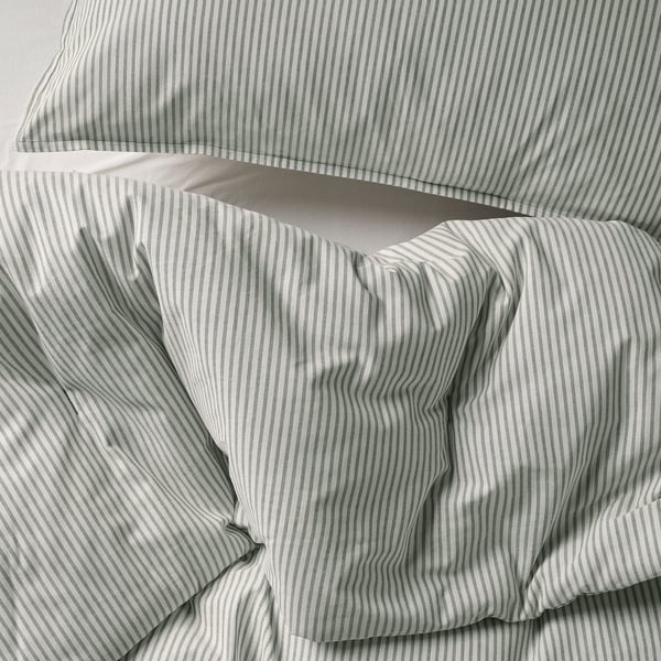 SOLFIBBLA Comforter set, white green/stripe, 240x220/50x80 cm