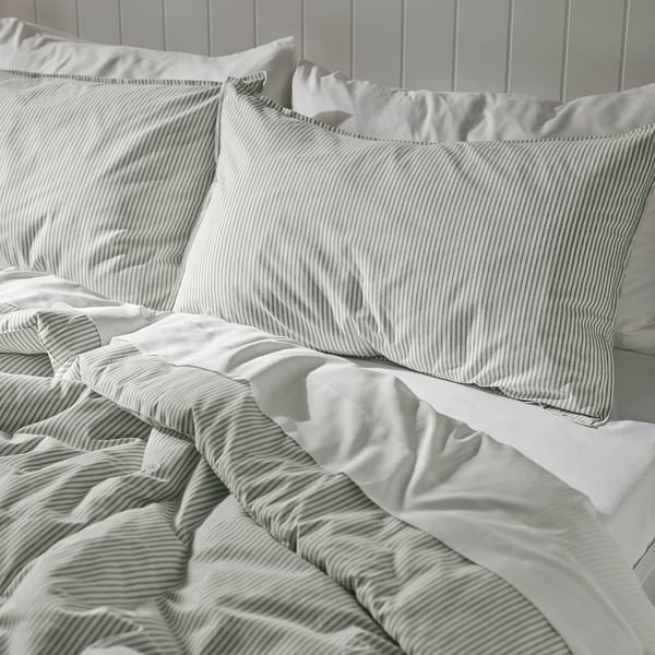 SOLFIBBLA Comforter set, white green/stripe, 240x220/50x80 cm