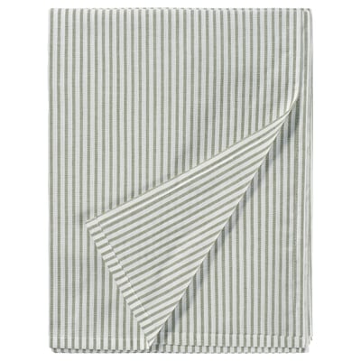 A grey and white striped SOLFIBBLA blanket made of recycled cotton.
