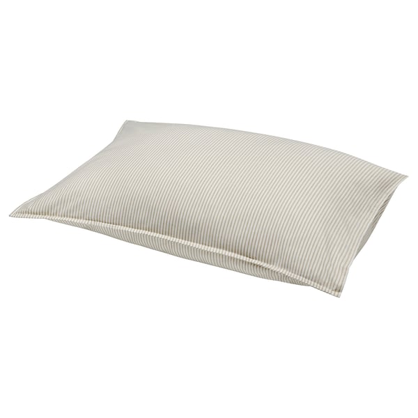 A SOLFIBBLA pillow, a beige rectangular cushion with white stripes, made of recycled cotton.
