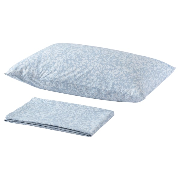 Light blue floral bed sheet set with fitted sheet and pillowcases, simple and fresh.