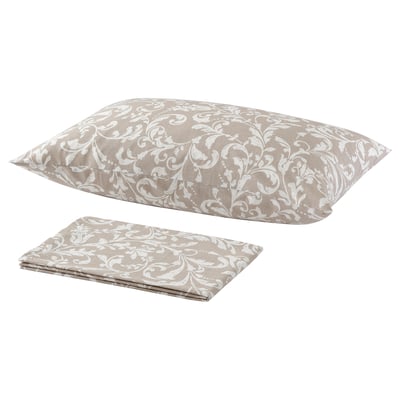 Displays a beige SORGMAL bedding set, featuring a floral pattern. It includes a pillowcase and folded sheets, all made of 100% cotton.