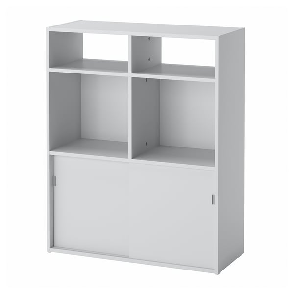 A white SPIKSMED storage cabinet with both open and closed compartments. It has a sleek, minimalist design ideal for small spaces.