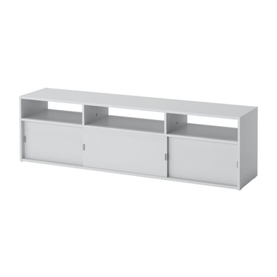 White tv bench with open and closed sliding storage compartments, modern minimalist design.
