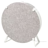 A white ikea STARKVIND air purifier with a round, fabric-covered front, standing on three legs.