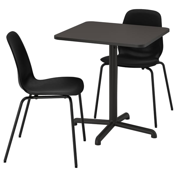 Black dining set for two with square table & chairs. Table has adjustable feet, chairs stackable.