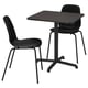 Black dining set for two with square table & chairs. Table has adjustable feet, chairs stackable.