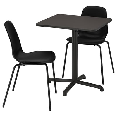 Black dining set for two with square table & chairs. Table has adjustable feet, chairs stackable.