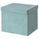 A green stjärnskot storage box with dotted pattern, square-shaped, made of recycled polyester.