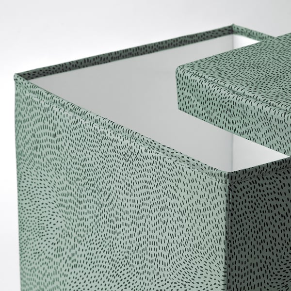 Foldable green storage box with lid, textured with black dots, high-quality recycled polyester.