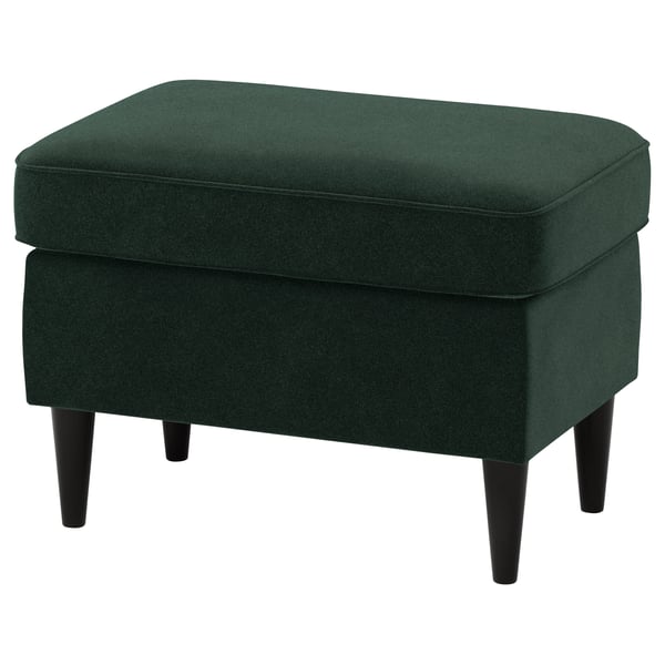 Dark green, square ottoman. Velvet upholstery, wooden legs. Timeless, classic design.