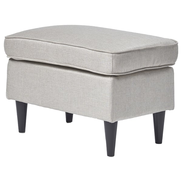 Grey STRANDMON footstool, round, upholstered in soft corduroy, four tapered wooden legs.