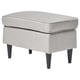 Grey STRANDMON footstool, round, upholstered in soft corduroy, four tapered wooden legs.