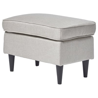 Grey STRANDMON footstool, round, upholstered in soft corduroy, four tapered wooden legs.