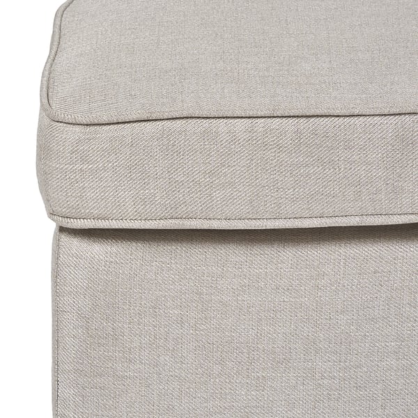 Close-up of high-quality STRANDMON upholstered stool, showcasing smooth fabric and plush cushioning.