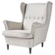 Comfortable STRANDMON wing chair in beige, leather, high back, padded, stylish design.