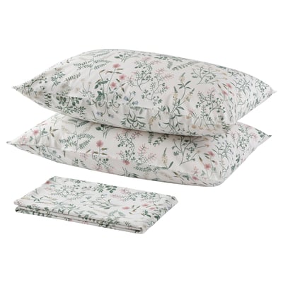 A white bedding set TIMJANSMOTT with floral patterns. It includes a folded duvet cover and two pillows, made of 100% cotton.