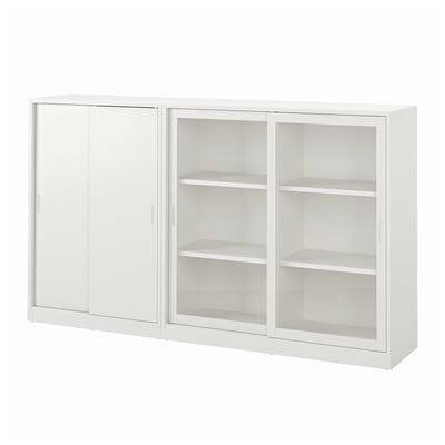 Off-white TONSTAD storage unit with sliding glass doors, three open shelves, sleek modern design.