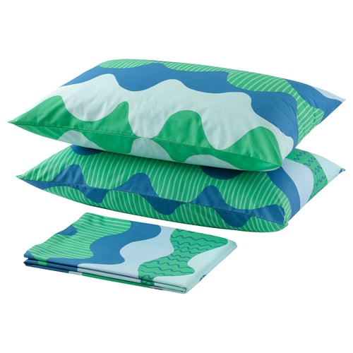 Image TRÅDFRÄKEN bed set - blue and green wave pattern, with cotton fabric, includes flat sheet and pillowcases.