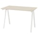 A TROTTEN desk, light beige, with white metal a-frame legs. Its compact, modern, and suitable for small spaces.