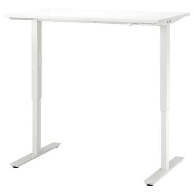 A white TROTTEN adjustable height desk. Modern design with metal legs and crank handle for height adjustment.