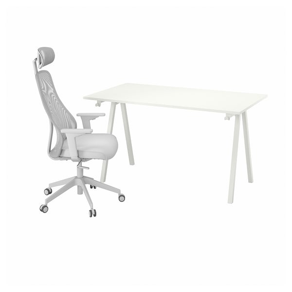 White modern office setup: sleek desk & ergonomic chair with mesh back, adjustable height, and armrests for comfort.