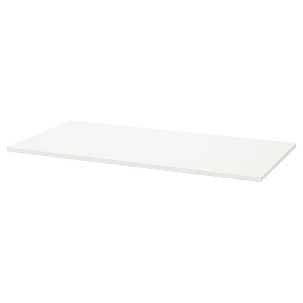 A white TROTTEN table top. Its rectangular, made of melamine foil and particleboard with plastic edging.
