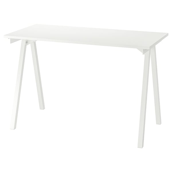 A white TROTTEN desk. Its rectangular, with four angled legs, and has a melamine foil table top with particleboard and plastic edging.