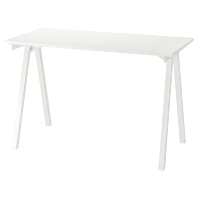 A white TROTTEN desk. Its rectangular, with four angled legs, and has a melamine foil table top with particleboard and plastic edging.