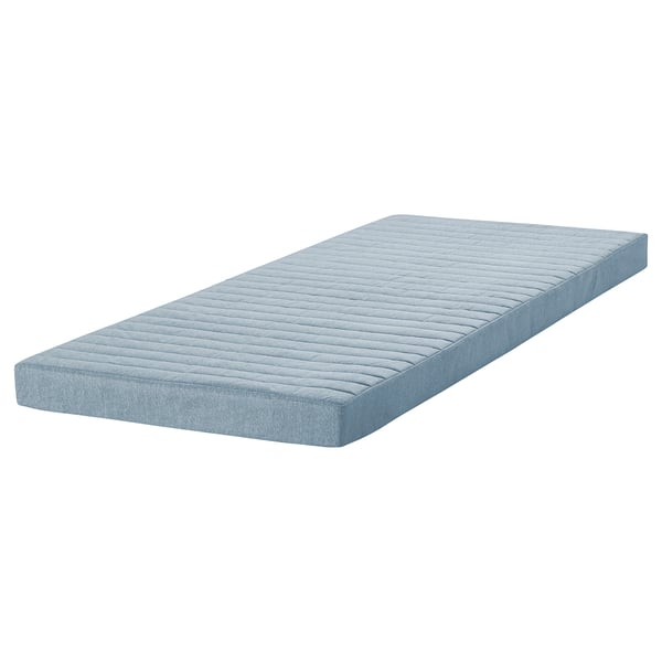 TUNBYN: blue, rectangular, extra-firm mattress with textured, recycled fabric cover.