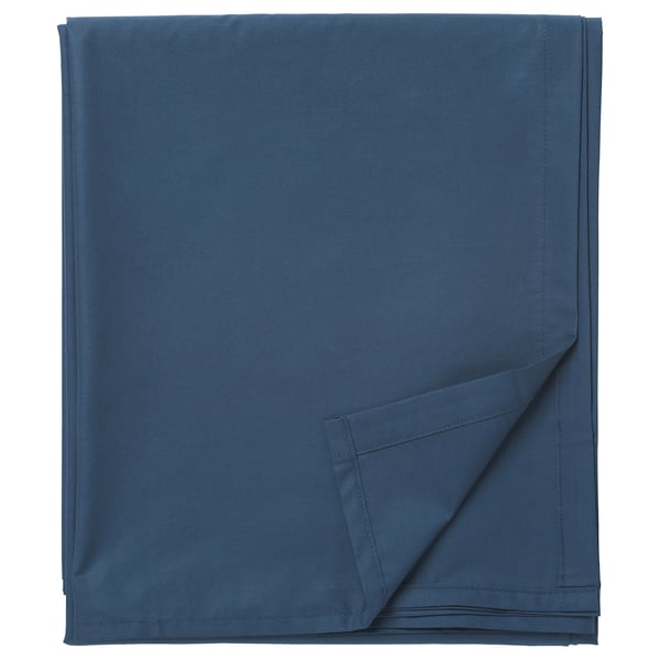 A blue ULLVIDE sheet set, neatly folded. Its made of lyocell and cotton. Smooth with clean edges.