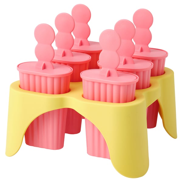 A set of eight pink ice pop moulds with yellow stand, featuring fluted cups and handle-shaped tops, perfect for making fruit ice.