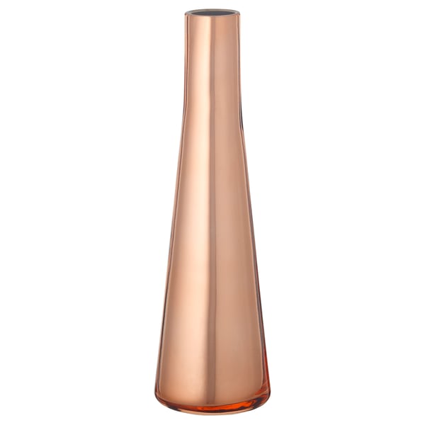 An UPPGJORD vase in copper colour with a sleek, tapered shape. Its made of glass with a tinted clear lacquer finish, handcrafted for a unique design.
