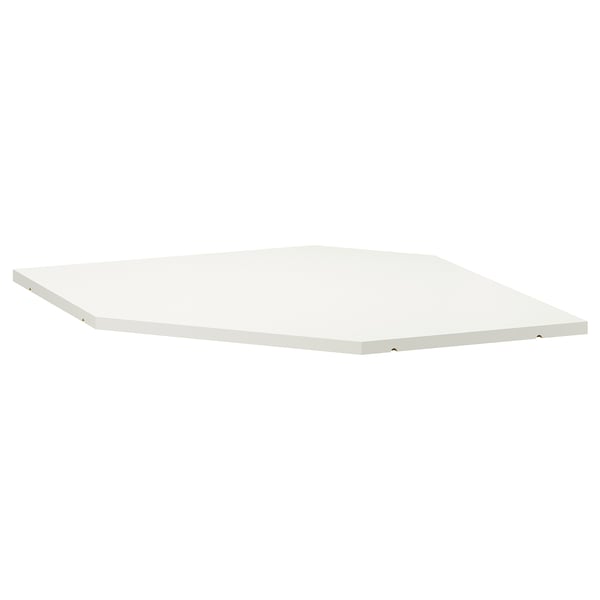 A white UTRUSTA shelf, rectangular, made of melamine with a sturdy frame, designed for corner cabinets.