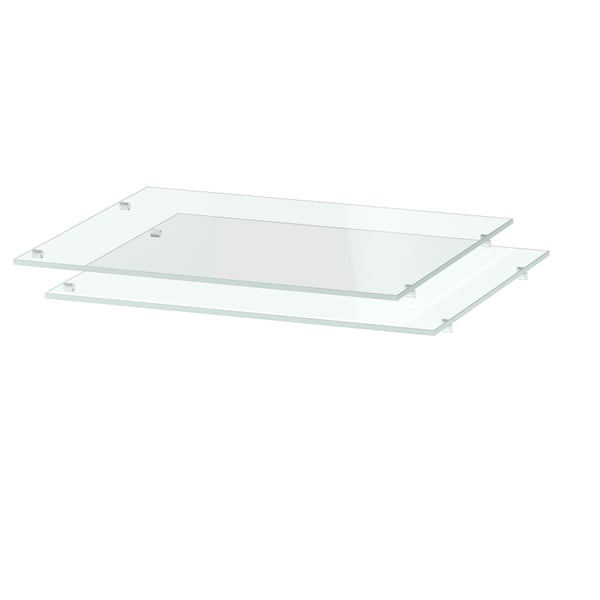 Clear glass shelves, UTRUSTA. Two transparent, rectangular, tempered glass plates with metal supports. Modern, minimalist design.