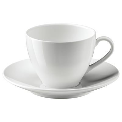 White VÄRDERA coffee cup & saucer, minimalist porcelain design with curved handle.